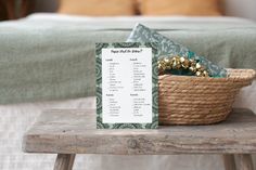 a table with a basket and sign on it