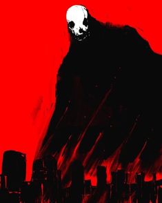 a black and red painting with a skull on it's head in front of a city skyline