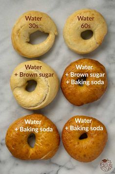 four different types of doughnuts on a marble counter top with the words water, brown sugar and baking soda