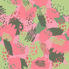 an abstract pink and green background with black spots on it's edges, which are painted in different colors