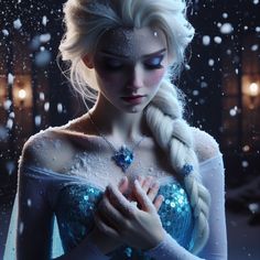 a woman dressed as frozen queen holding her hands in front of snow falling on her face