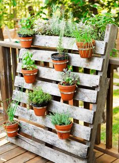 a wooden pallet filled with potted plants