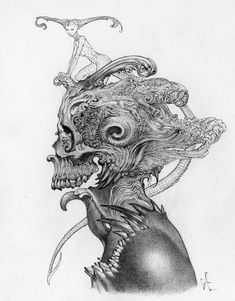 a black and white drawing of a woman with an alien head on it's face