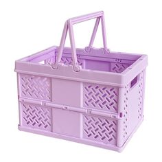 a purple plastic basket with handles and lattice design on the sides, sitting upright against a white background