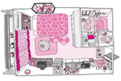 an overhead view of a kitchen with pink decor