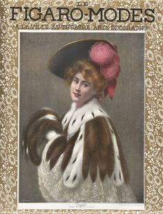 an old fashion magazine cover with a woman wearing a hat and fur stole on her head