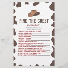 a card with the words find the guest written in red and brown polka dots on it