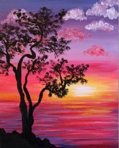 a painting of a sunset with trees on the shore and clouds in the sky above