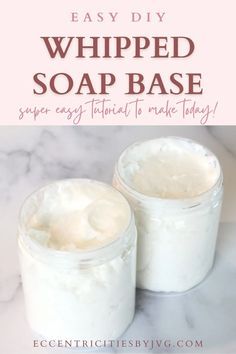 two jars filled with homemade whipped soap on top of a marble counter next to the words, easy diy whipped soap base