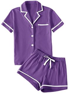 PRICES MAY VARY. Two piece sleepwear set feature with button down shirt and a pair of elastic waist shorts. High quality fabric, soft and comfy to wear. Notch neck button front shirt top with a chest pocket, elastic waistband shorts with tie bow decoration. Summer V neck shorts lounge set for women and girls. Contrast solid color, piping binding trim design, cute and elegant loungwear set. Relaxed fit and cozy style that you can style from day to night. Notch collar pajamas set suitable for slee Purple Pjs, Cute Nightwear, Night Shirts For Women, Cotton Pajama Set Women, Cotton Pajamas Women, Trim Design, Matching Pjs, Cotton Pajamas, Cozy Style