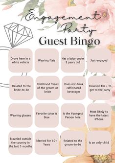 the engagement party guest bingo is shown with pink flowers and greenery on it's side