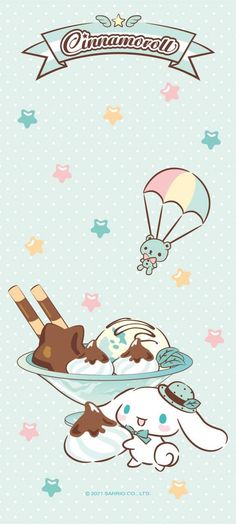 a cartoon character holding onto a plate with ice cream and chocolate toppings on it