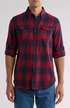 A classic plaid flannel shirt delivers rustic style and is made of a soft cotton blend for easy-wear comfort. 29" length (size Medium) 80% cotton, 20% polyester Machine wash, tumble dry Imported Red Relaxed Fit Flannel Shirt, Plaid Relaxed Fit Yarn-dyed Shirt, Plaid Yarn-dyed Shirt Relaxed Fit, Plaid Yarn-dyed Shirt With Relaxed Fit, Plaid Yarn-dyed Relaxed Fit Shirt, Casual Yarn-dyed Cotton Flannel Shirt, Yarn-dyed Long Sleeve Cotton Flannel Shirt, Yarn-dyed Cotton Long Sleeve Flannel Shirt, Yarn-dyed Cotton Flannel Long Sleeve Shirt