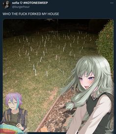 two anime characters are sitting in the grass