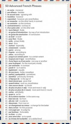 the 50 advanced french phrases list is shown in red, white and blue stripes with an orange border