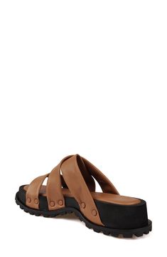 Soft leather straps balance the ridged lug sole on this platform sandal that's water-resistant and ant-slip. 1 3/4" platform Platform sole
 Water-resistant Leather upper and lining/synthetic sole Imported Modern Outdoor Sandals With Rubber Sole, Modern Open Toe Sandals For Outdoor, Modern Open Toe Outdoor Sandals, Brown Synthetic Slide Sport Sandals, Casual Leather Platform Slides, Brown Synthetic Platform Footbed Sandals, Platform Slide Sport Sandals In Synthetic Material, Synthetic Platform Slide Sport Sandals, Platform Slide Sport Sandals In Synthetic