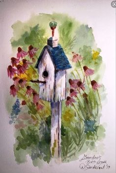 a watercolor painting of a birdhouse with flowers in the background