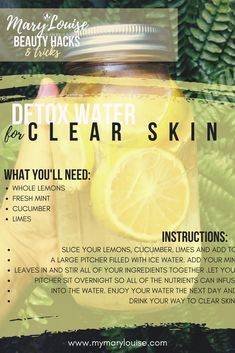 Detox water for clear, flawless skin and flat tummy! Easy DIY drinks that will help give you flawless skin. Fruits and Veggies for clear skin and body detox. #skin #clearskin #acne #acnescars #detox #beautyhack #skincareroutine Easy Diy Drinks, Water For Clear Skin, Clear Flawless Skin, Detox Water For Clear Skin, Resep Smoothie, Detox Kur, Lemon Diet, Inner Health, Full Body Detox