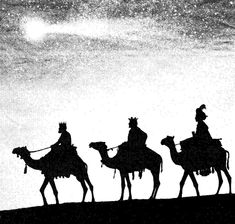 four people riding camels in the desert at sunset or dawn, silhouetted against an overcast sky