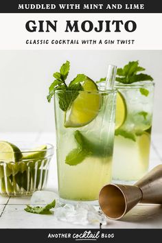 two gin mojits with mint and lime garnish