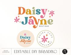 the logo for daisy jayne boutique is shown in three different colors and font styles