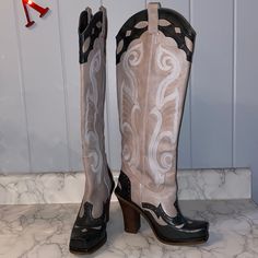 Leather 4 Inch Heel Cowgirl Boots, Beautiful Pattern They Go With Almost Anything, Perfect Condition Western Style High Heel Leather Platform Boots, Formal Western Style Knee-high Heeled Boots, Formal Fitted Western Heeled Boots, Western Style Fitted Knee-high Platform Boots, Fitted Round Toe Heeled Boots For Rodeo, Elegant Round Toe Boots For Rodeo, Western Style Formal Heeled Boots, Western Style Fitted Platform Boots With Round Toe, Formal Western Knee-high Boots With Round Toe