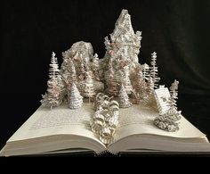 an open book with paper trees on top and pages folded in the shape of mountains