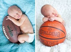 a baby laying on top of a basketball next to an image of a football ball