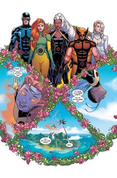 the x - men are surrounded by flowers and plants