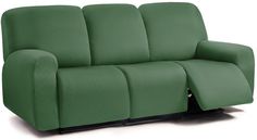 the reclining sofa is green with black legs