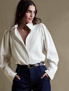 Saw this on Banana Republic: Blouse Outfit Work, Cap Sleeves Blouse, Pleated Sleeves, Crochet Mini Dress, Dress Shirts For Women, Cotton Blouse, Tailored Shirts, Blouse Outfit, Work Blouse