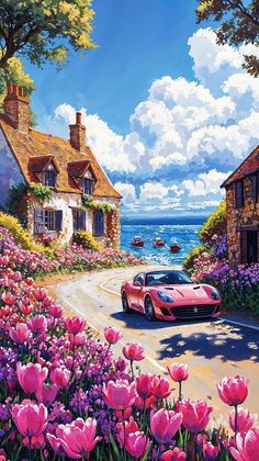 a painting of a red sports car parked on the side of a road next to flowers