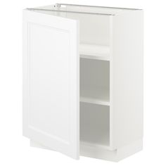 a white cabinet with doors and shelves on the bottom shelf is shown in front of a white background