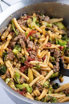 pasta with meat and vegetables in a pan