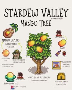 the stardeu valley mango tree is shown in this poster, with instructions for how to