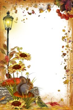 a squirrel sitting on top of a pile of leaves next to a lamp post with autumn leaves and sunflowers