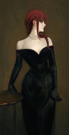 a painting of a woman with red hair in a black dress sitting on a table