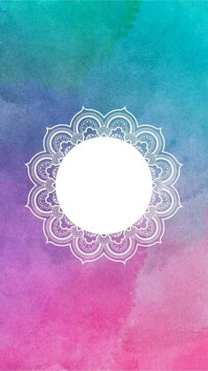 a watercolor background with a white circle in the center and an ornate design on it