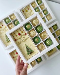 a hand holding a box filled with assorted decorated cookies and pastries in it