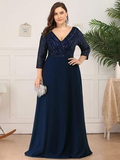 Custom Size Sequin Bodice Evening Dress with Three Quarter Sleeves - Ever-Pretty US Dress With Sleeve, Sukienki Plus Size, Sequin Evening Gowns, Gown Plus Size, Sequin Formal Dress, Evening Dresses With Sleeves, Womens Prom Dresses, Sequin Evening Dresses, Ever Pretty