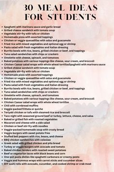 a pink watercolor background with the words 30 meal ideas for students written in it