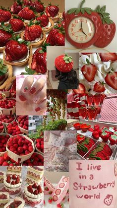 a collage of pictures with strawberries and strawberry pies on them, including a clock