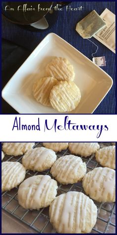 some cookies are sitting on a cooling rack with the words almond meltaways in front of them