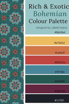 the rich and exotic bohemian color palette is shown in shades of blue, red, green,