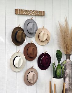 several hats are hanging on the wall next to a potted plant and a vase