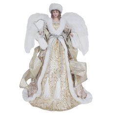 an angel figurine is dressed in gold and white