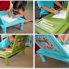 an image of a child's table with pictures and writing on the top page