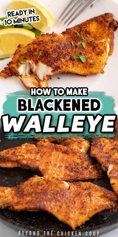 the cover of how to make blackened walleye by beyond the chicken cookbook, featuring grilled fish and lemon wedges