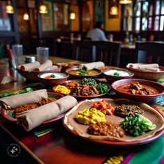 a table topped with lots of plates filled with different types of food on top of it