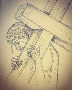 a drawing of a person holding a wooden cross